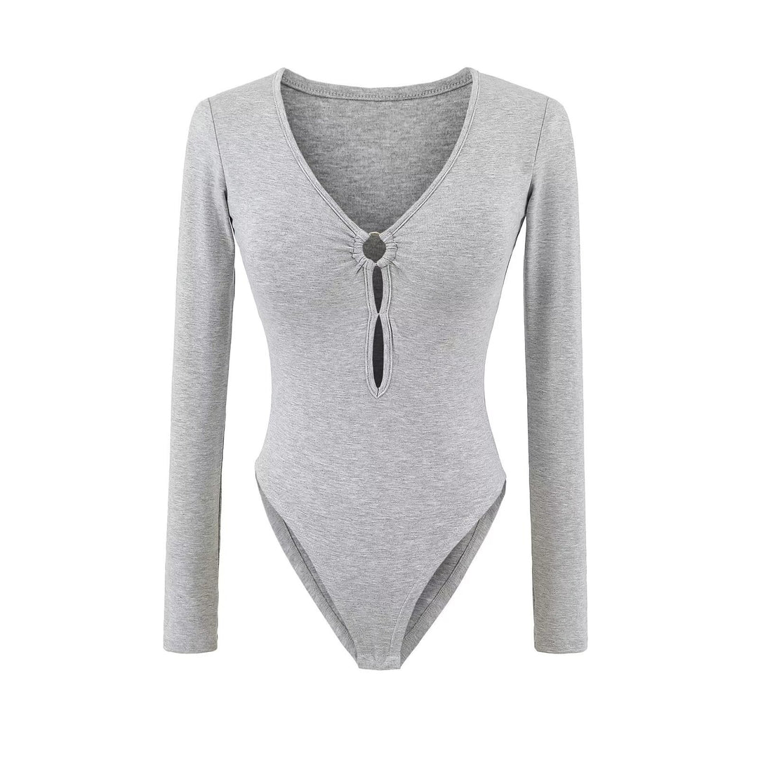 Damen Langarm Bodysuit mit elegantem V-Ausschnitt und dekorativem Ringdetail Drune
