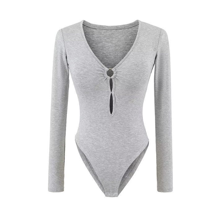 Damen Langarm Bodysuit mit elegantem V-Ausschnitt und dekorativem Ringdetail Drune