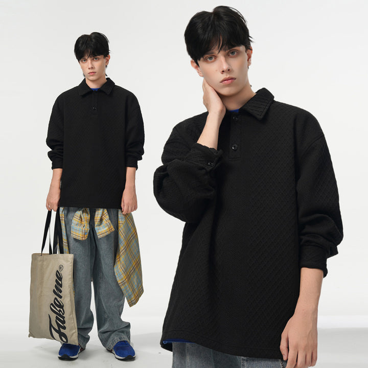 Herren Oversize-Poloshirt-Sweatshirt mit diamantstruktur, verlängertem Schnitt und Polokragen Drune
