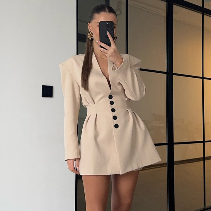 Damen trendiges Blazer-Kleid mit strukturierten Schultern und tiefem V-Ausschnitt Drune