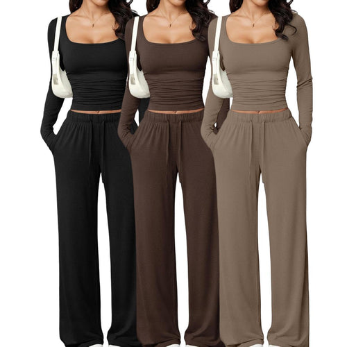 Damen Zweiteiliges Relax-Set mit tailliertem Langarm-Croptop und weiter Jerseyhose Drune