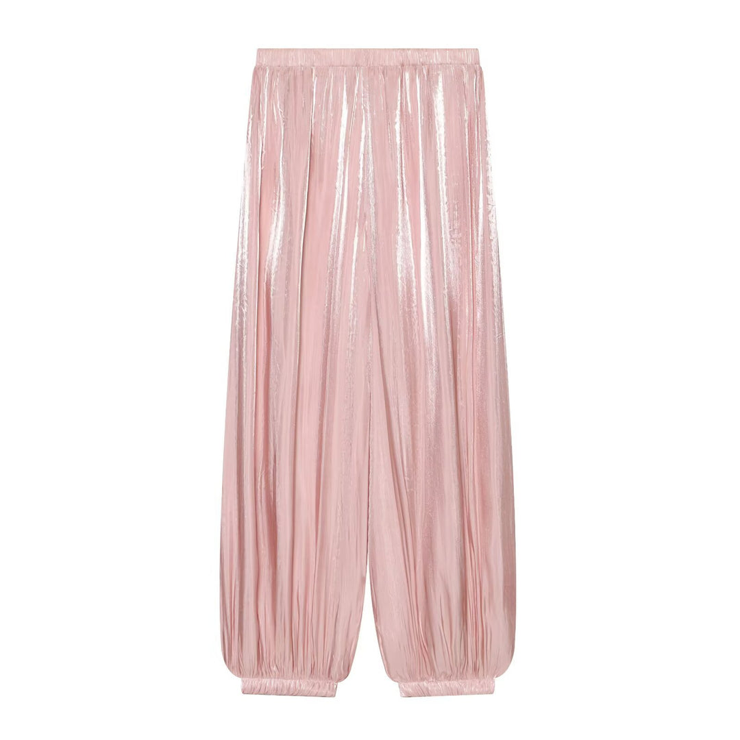 Damen Plissierte glänzende High‑Waist Palazzo-Jogger Drune