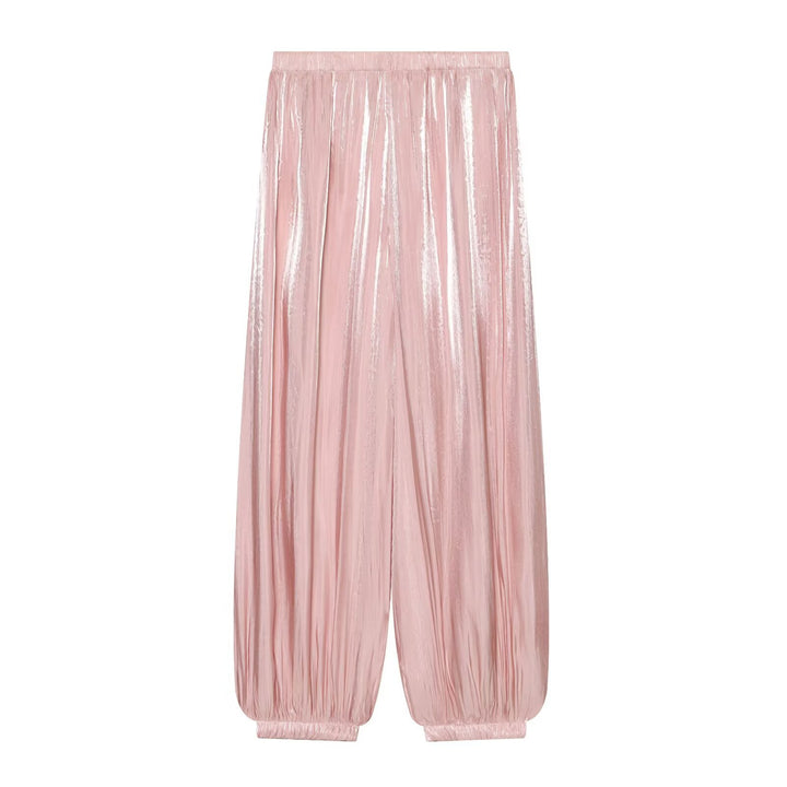Damen Plissierte glänzende High‑Waist Palazzo-Jogger Drune