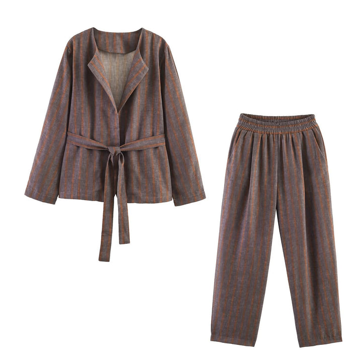 Damen Zweiteiliges Leinen-Set mit Bindegürteljacke und elastischer High-Waist-Hose Drune