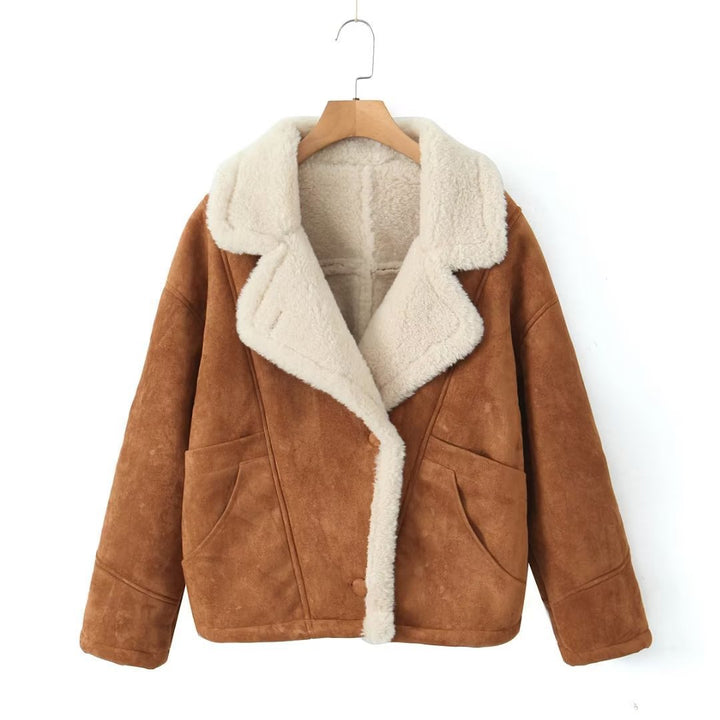 Damen kuschelige Wildlederjacke mit weichem Futter und breitem Kragen Drune