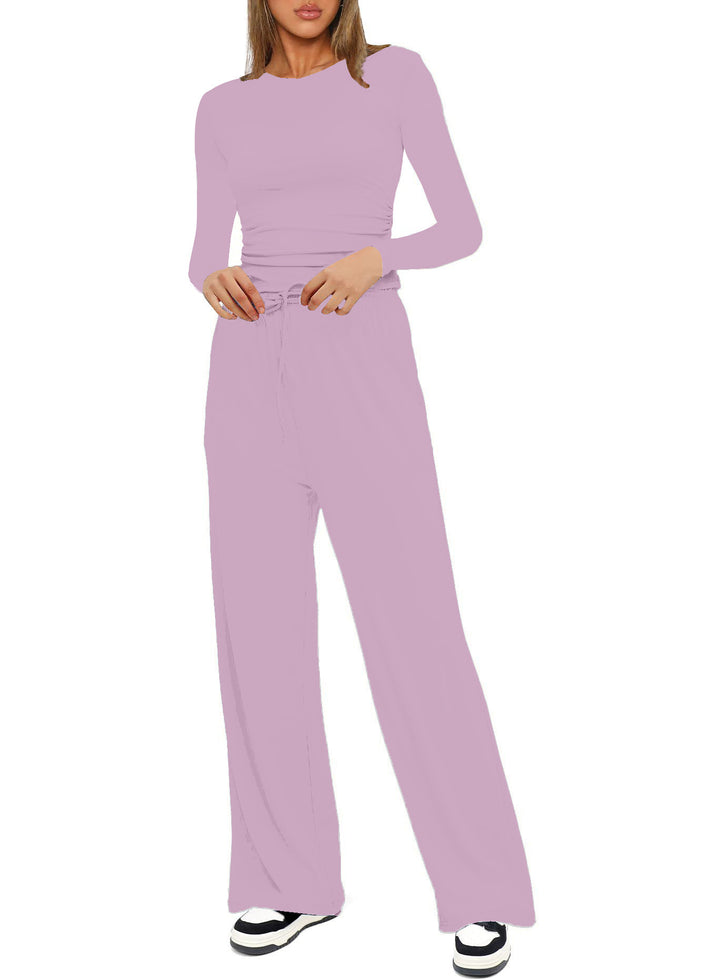 Damen Figurbetontes Longsleeve mit seitlicher Raffung und High-Waist Palazzo-Jogginghose Set Drune