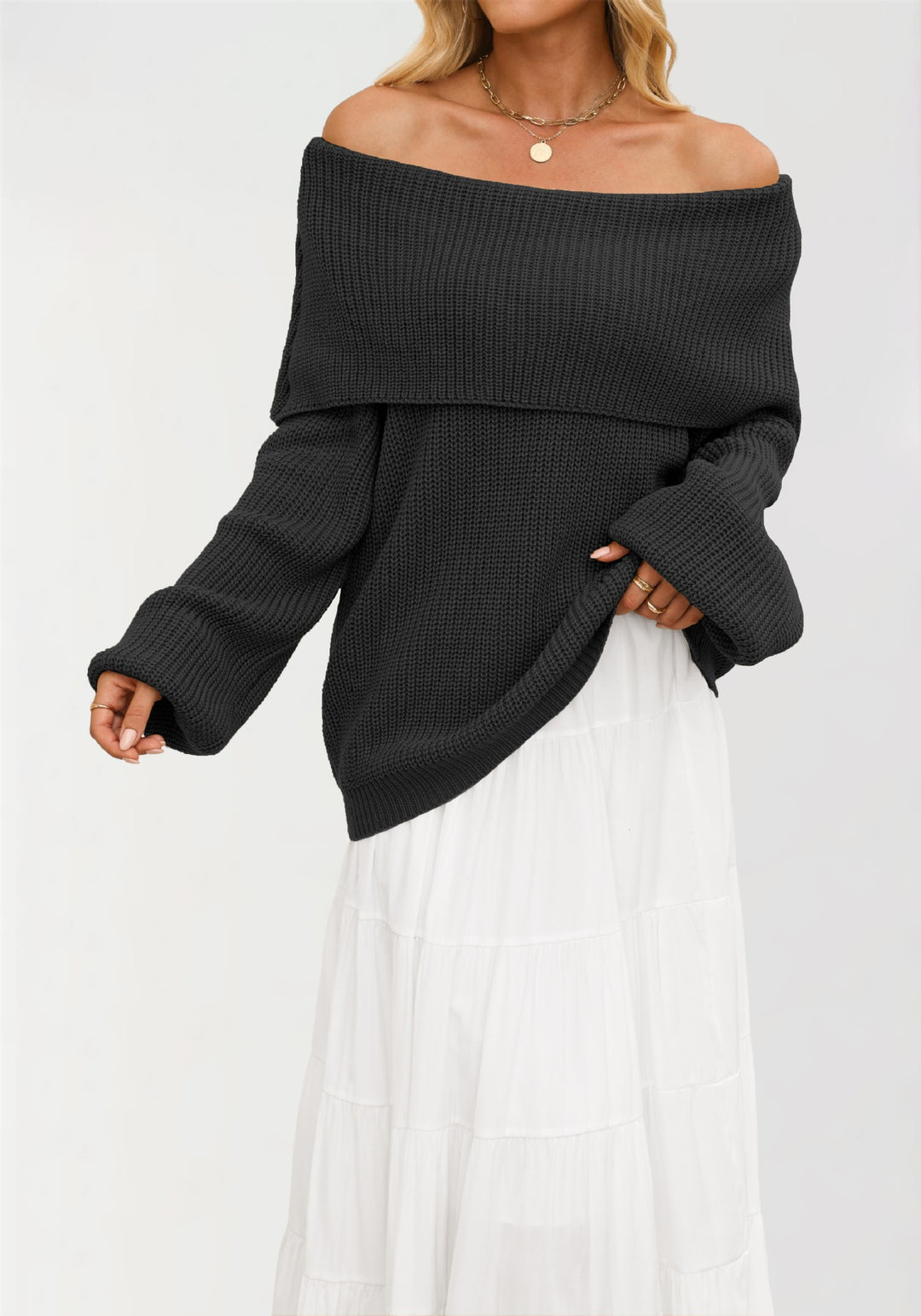 Damen Off-Shoulder Strickpullover mit strukturierter Oberfläche Drune