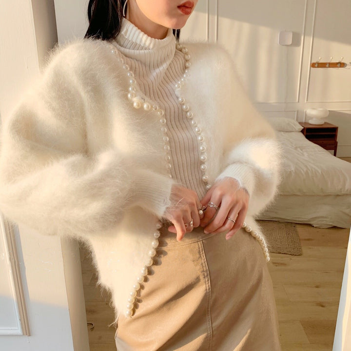 Damen Flauschige Strickjacke mit Perlenbesatz und modischem Schnitt Drune