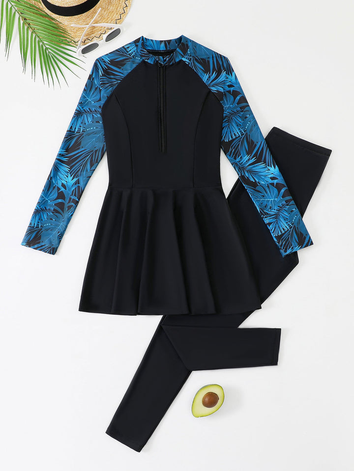 Damen Sportlicher Langarm-Badeanzug mit Rock Drune