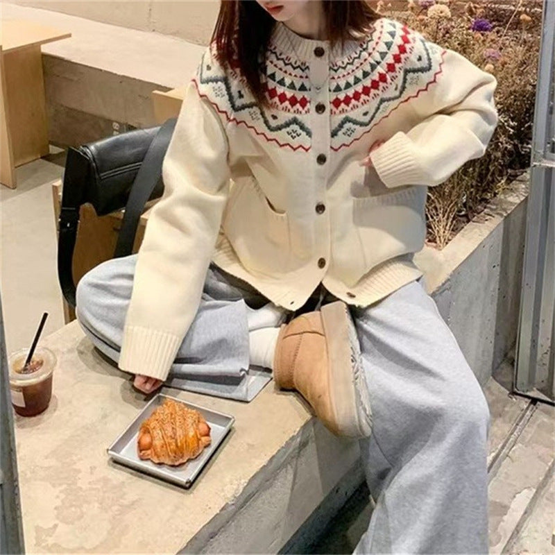 Damen Grobstrickjacke mit dekorativem Norweger-Muster und praktischen Taschen Drune