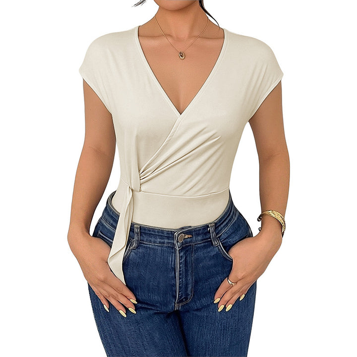 Damen Wickel-Body mit kurzem Arm, tailliertem Band und V-Ausschnitt Drune