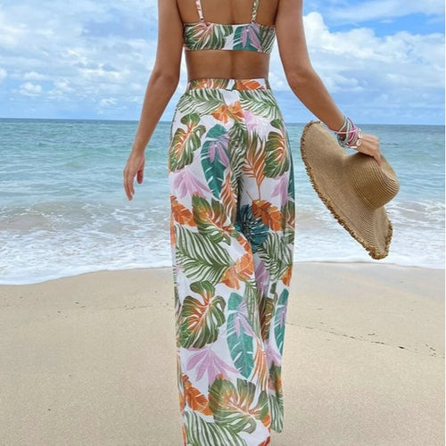 Damen Badeoutfit mit floralem Oberteil und transparenten Palazzohosen Drune