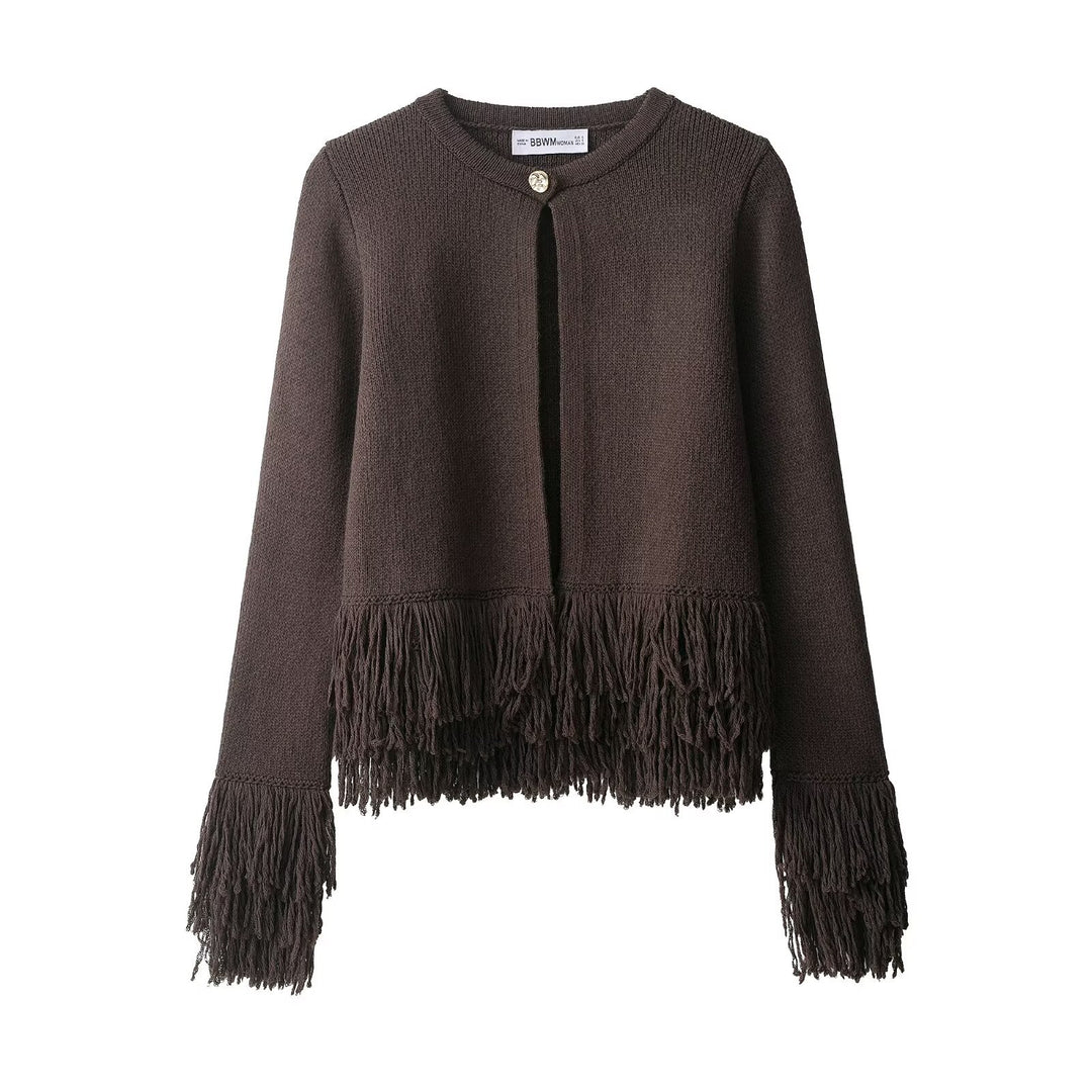 Damen 60+ gestrickter Cropped‑Cardigan mit Fransenbesatz und Rundhals Drune