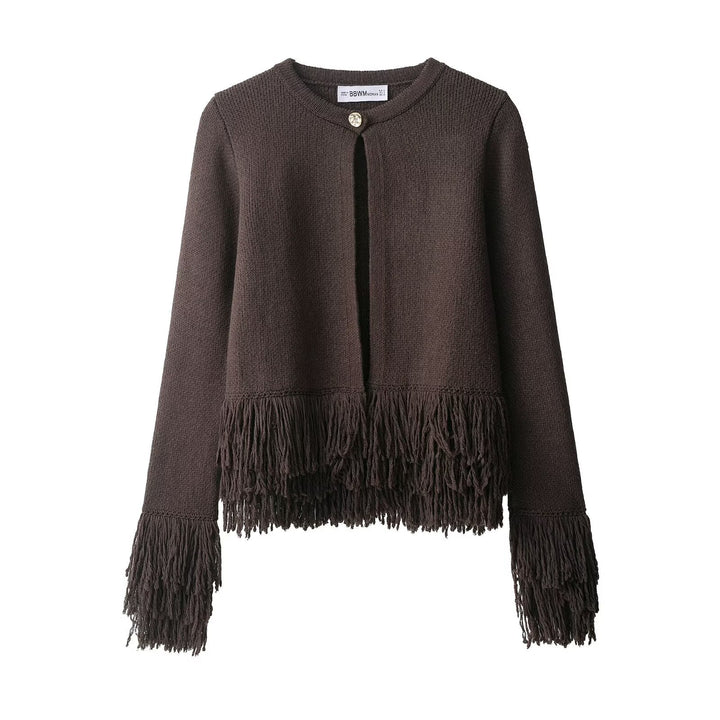 Damen 60+ gestrickter Cropped‑Cardigan mit Fransenbesatz und Rundhals Drune