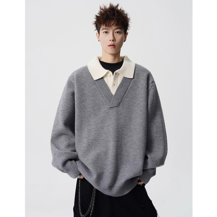 Damen Modischer Grobstrickpullover mit V-Ausschnitt und Kragen Drune