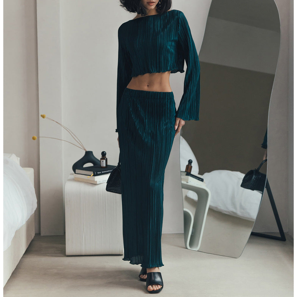 Damen Plissiertes Zweiteiler-Set mit langem Rock und cropped Oberteil Drune