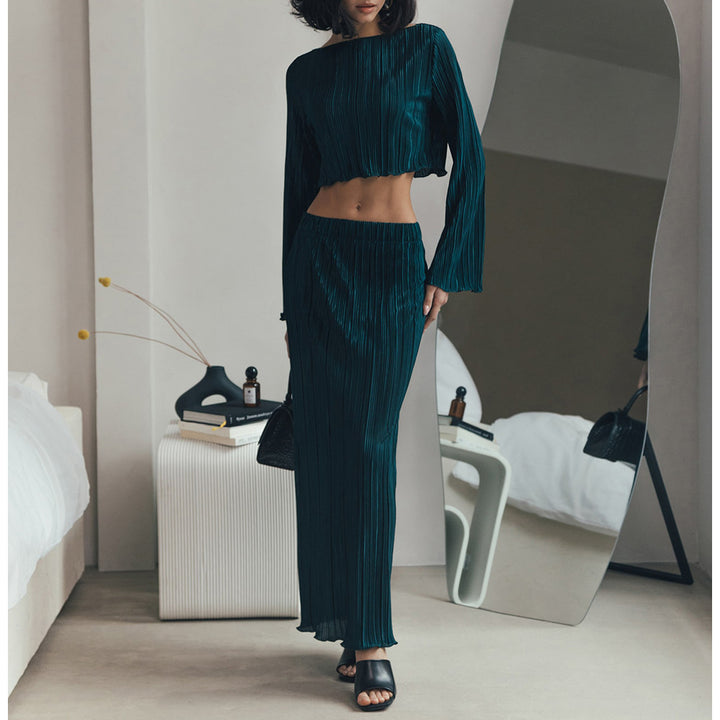 Damen Plissiertes Zweiteiler-Set mit langem Rock und cropped Oberteil Drune