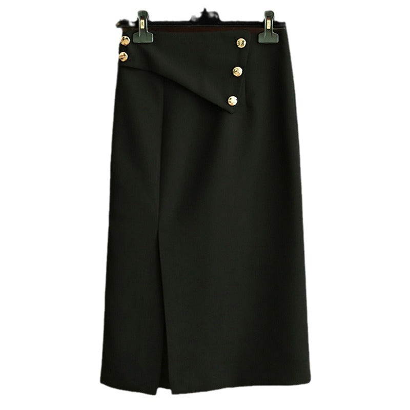 Damen Eleganter Midirock mit asymmetrischem Schnitt und Goldknöpfen Drune