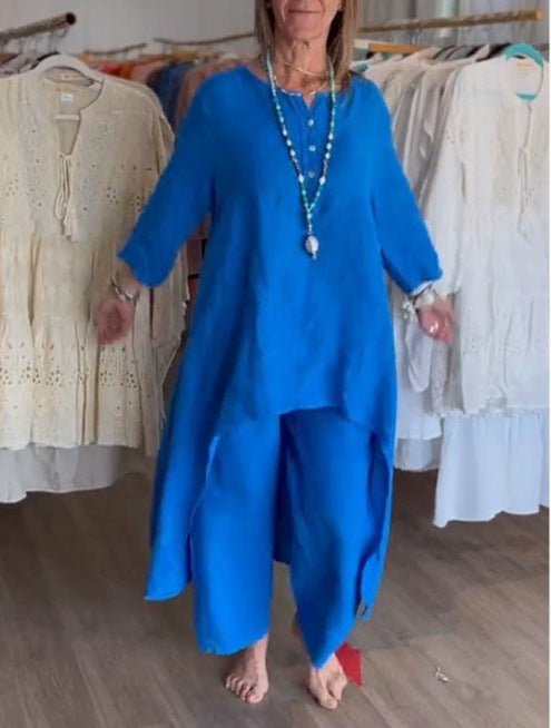 Damen Midilanges Leinen-Tunika-Set mit asymmetrischem Saum und weiter Palazzo-Hose Drune