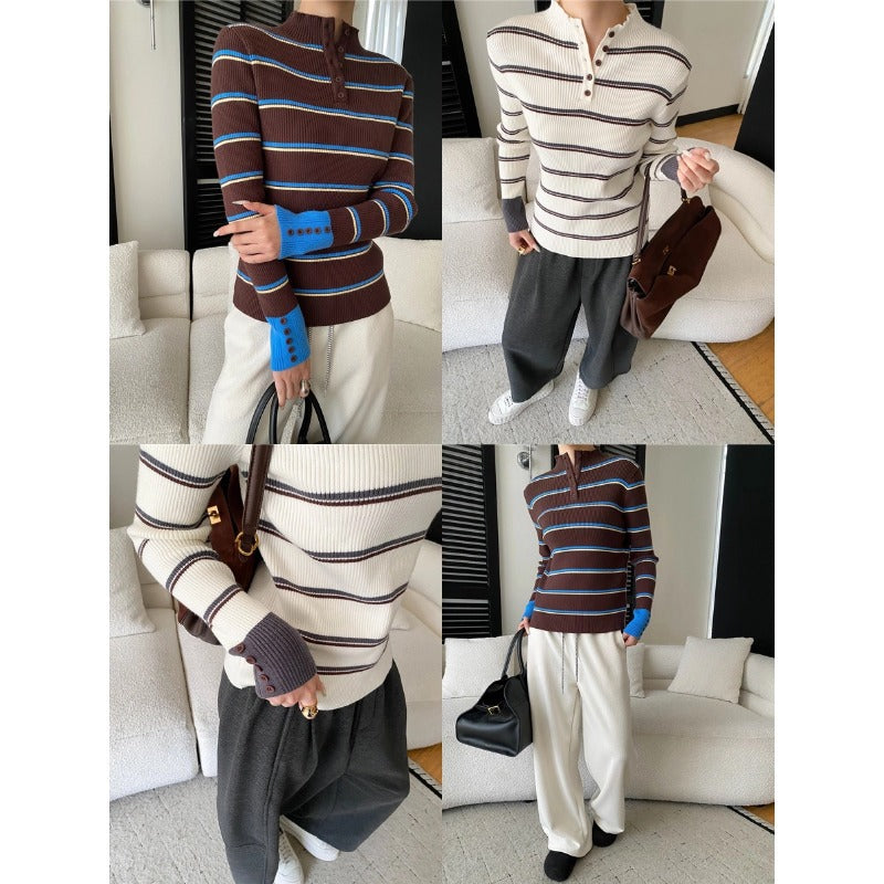 Damen hochwertiger Strickpullover im modernen Streifenlook mit Knopfleiste Drune
