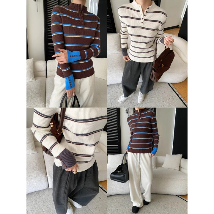 Damen hochwertiger Strickpullover im modernen Streifenlook mit Knopfleiste Drune