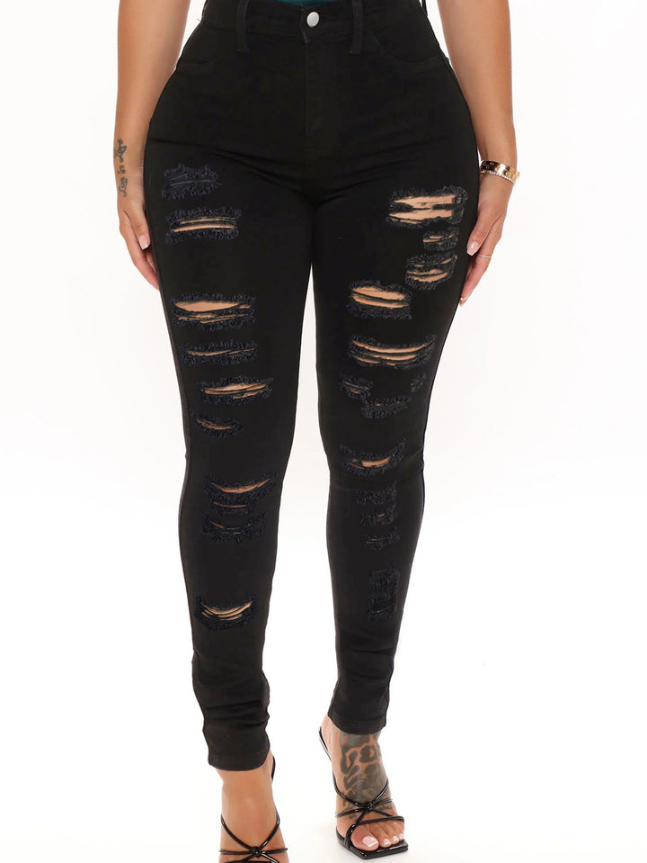 Damen hochtaillierte Sculpting-Skinny-Jeans mit starkem Destroy-Design und Stretchbund Drune