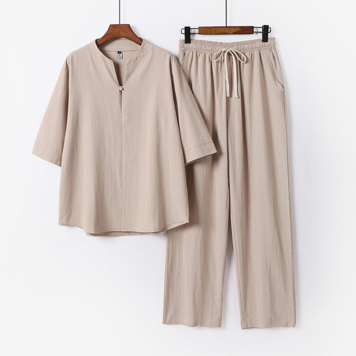 Unisex Lockeres Lounge-Set mit Stehkragen-Halbarmshirt und Elastischer Bundhose Drune