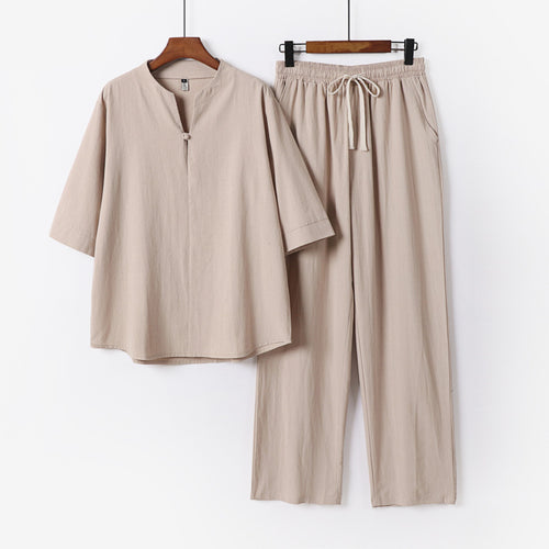 Unisex Lockeres Lounge-Set mit Stehkragen-Halbarmshirt und Elastischer Bundhose Drune