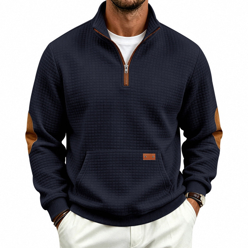 Herren Stehkragen-Halbzip-Sweatshirt mit karierter Reliefstruktur und Lederoptik-Ellenbogenpatches Drune