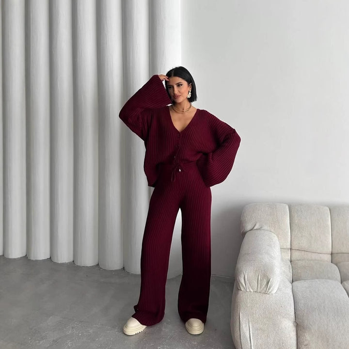 Damen Rippstrick-Cardigan mit überlangen Ärmeln und passender High-Waist-Loungehose Drune