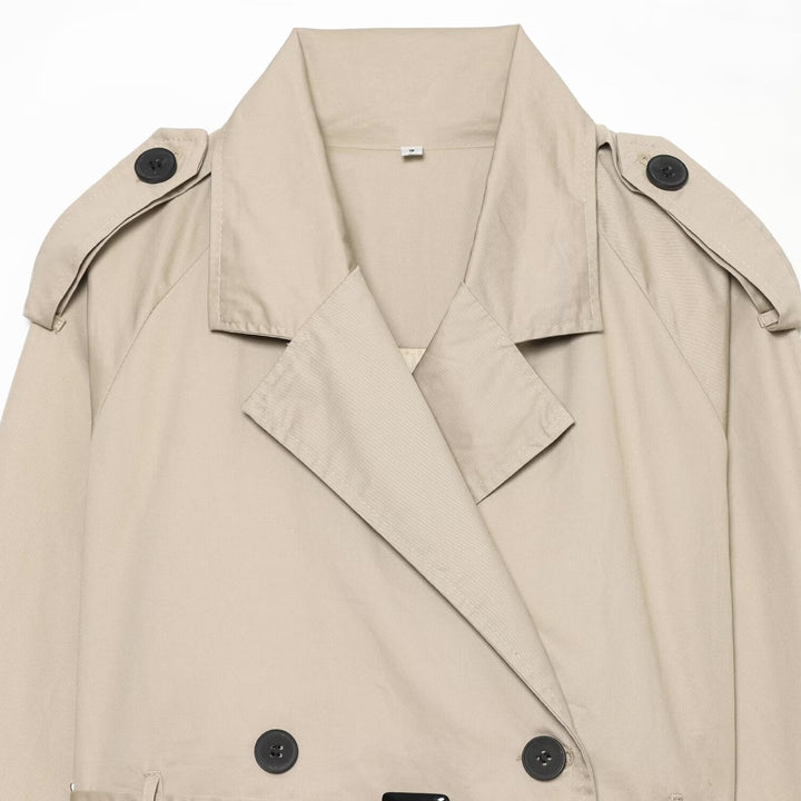 Damen Kurzblouson-Trench mit doppelreihiger Knopfleiste, Schulterpatten und Taillengürtel Drune