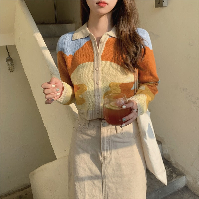 Damen modische Strickjacke mit kreativem Farbverlauf und Kragen Drune