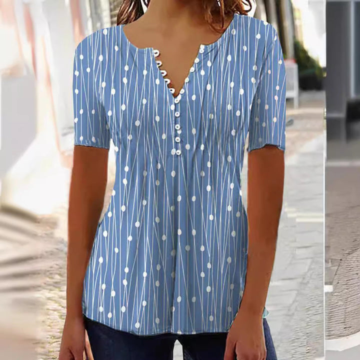 Damen nan luftige V-Ausschnitt-Bluse mit kurzen Ärmeln, Zierknopfleiste und grafischem Punktstreifenmuster Drune