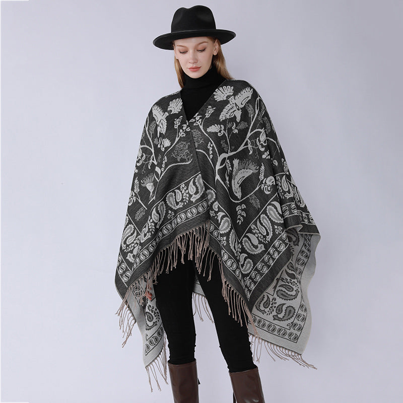 Damen Jacquard-Poncho im Oversize-Kaftan mit floraler und Vogelornamentik Drune