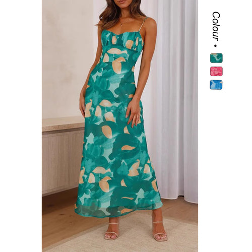 Damen Maxikleid mit floralem Wasserfarben-Design und verstellbaren Trägern Drune
