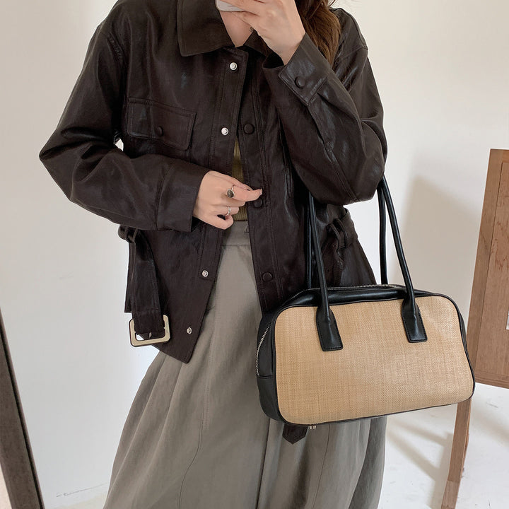 Damen Kurze Oversize-Lederjacke mit Taillenzug und Druckknopfleiste Drune