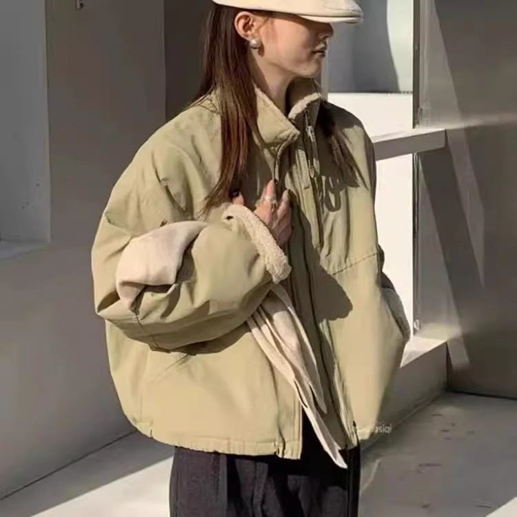 Damen Kurze Oversize Bomberjacke mit Teddyfutter an Bündchen und Stehkragen Drune