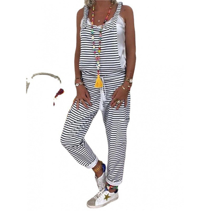 Damen Lässiger Jumpsuit mit schulterfreier Raffung und modischem Streifenmuster Drune