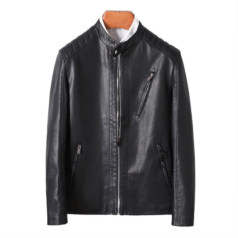 Herren Modische Lederjacke mit hohem Kragen Drune
