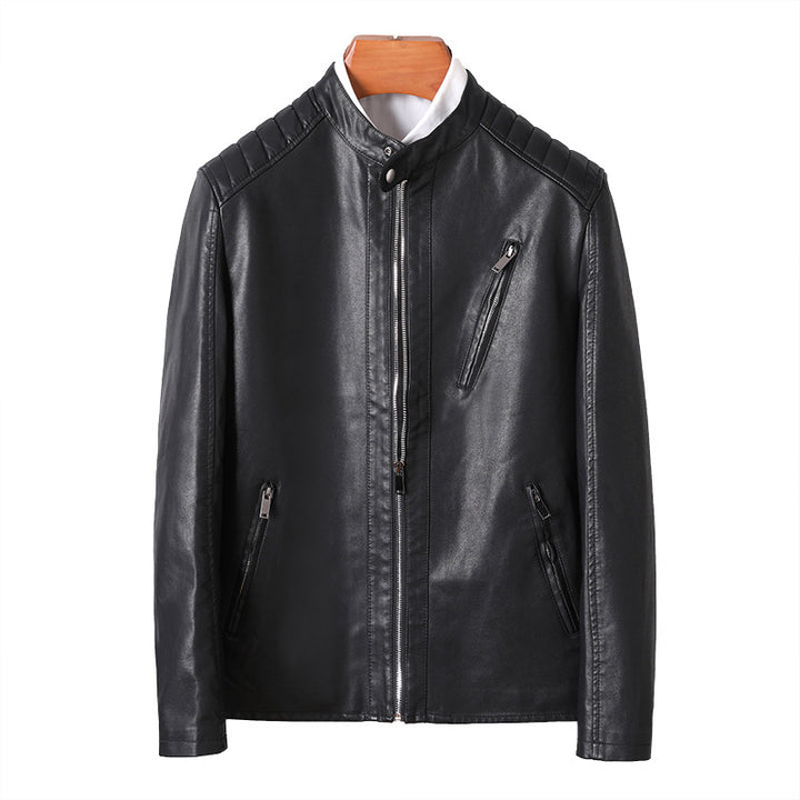 Herren Modische Lederjacke mit hohem Kragen Drune