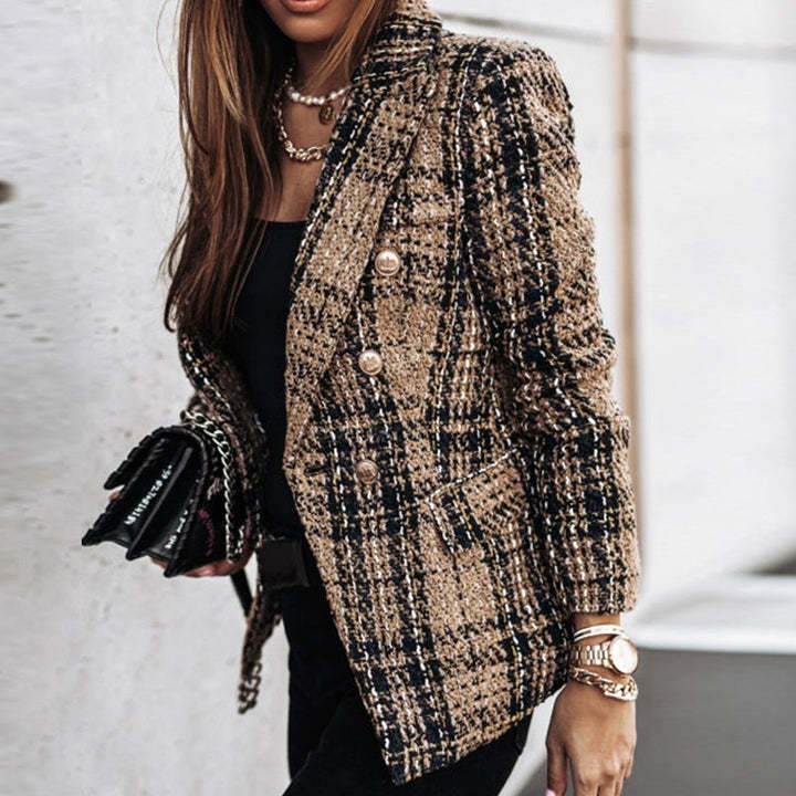 Damen Bouclé-Tweed-Blazer mit Karomuster und doppelreihiger Knopfleiste Drune