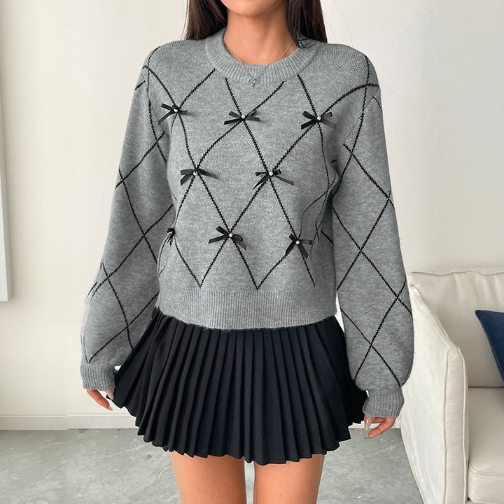 Damen Kurzer Argyle-Strickpullover mit Zier‑Schleifen und geripptem Saum Drune