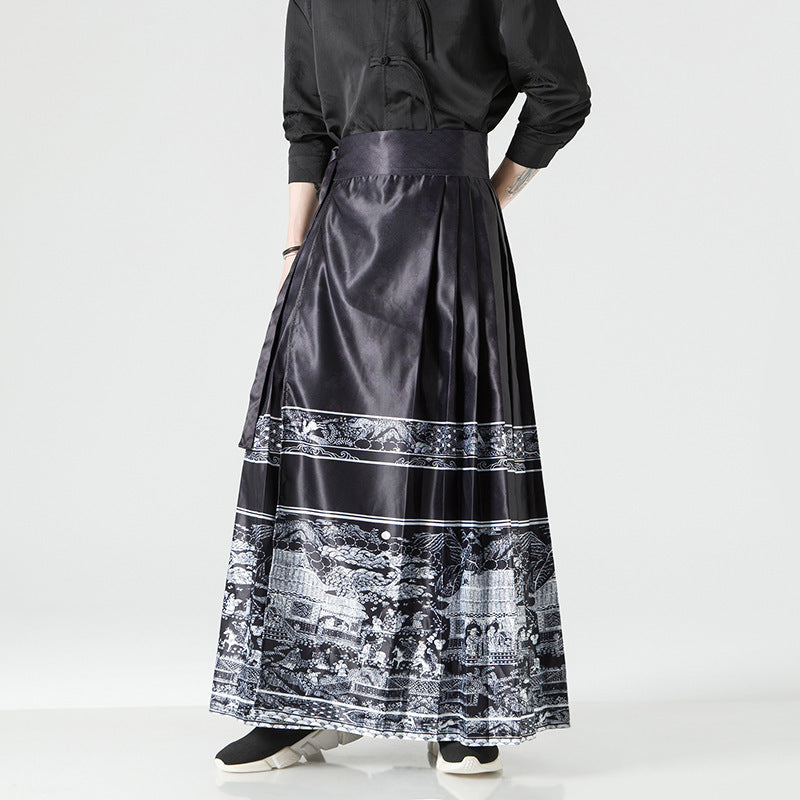 Damen nan Maxi-Rock mit breitem Taillenbund ornamentaler Bordüre und plissierten Falten Drune