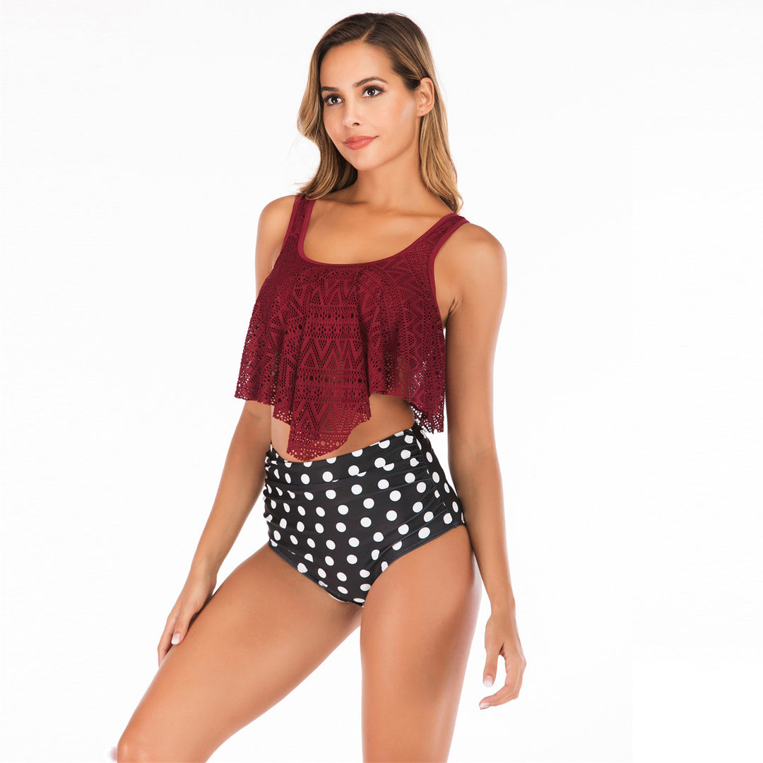 Damen Bikini-Set mit voluminösem Spitzenoberteil und hoch taillierten Flamingo-Print Shorts Drune