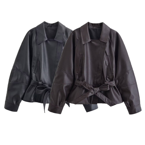 Damen Cropped-Lederoptik-Blouson mit Wickelgürtel, Oversize-Ärmeln und markanten Ziernähten Drune