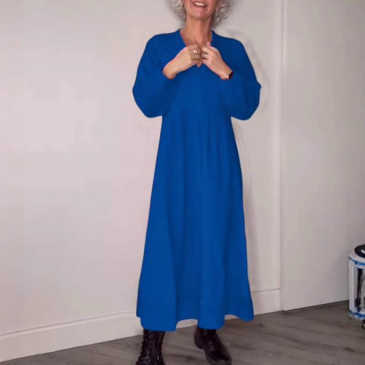 Damen Freizeit Viskose Maxi Kleid mit V-Ausschnitt, Taillennaht und Ballonärmeln Drune