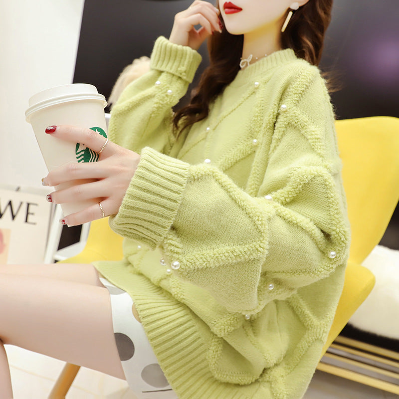 Damen Oversized Pullover mit Strukturmuster und Perlenverzierungen Drune