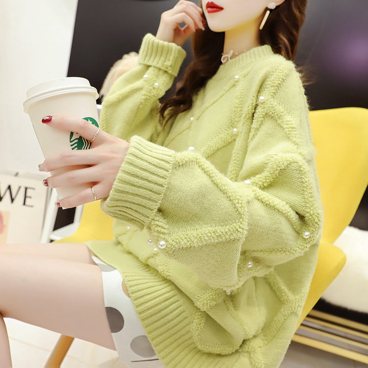 Damen Oversized Pullover mit Strukturmuster und Perlenverzierungen Drune