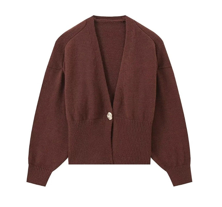 Damen elegante Strickjacke mit tiefem V-Ausschnitt und Knopfdetail Drune
