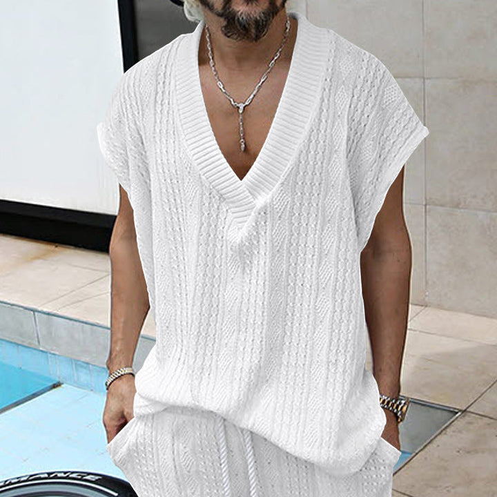 Herren lässiges Strick-T-Shirt mit V-Ausschnitt und oversized Schnitt Drune